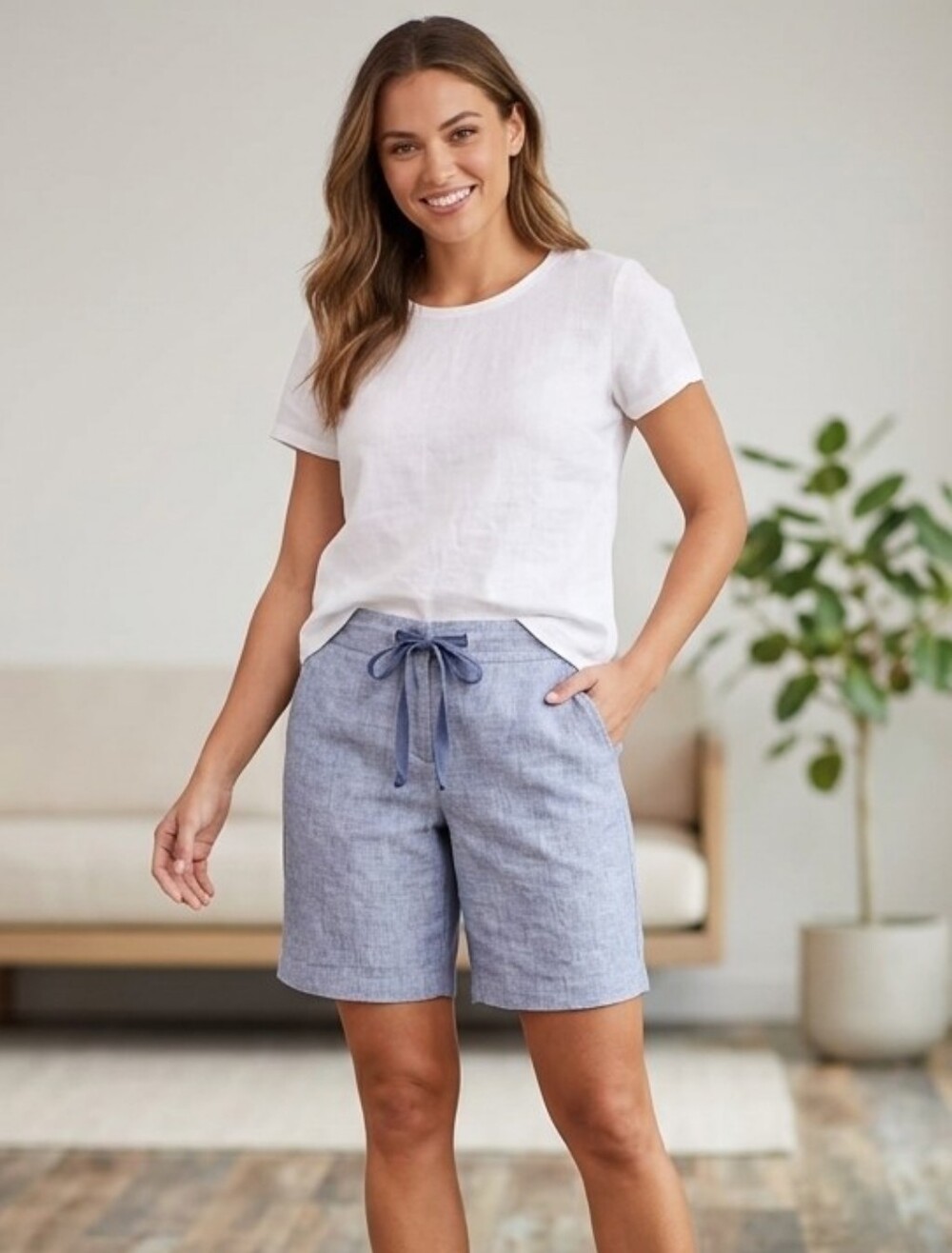 Jones New York Striped Light Blue 100% Linen Shorts Tailored Casual